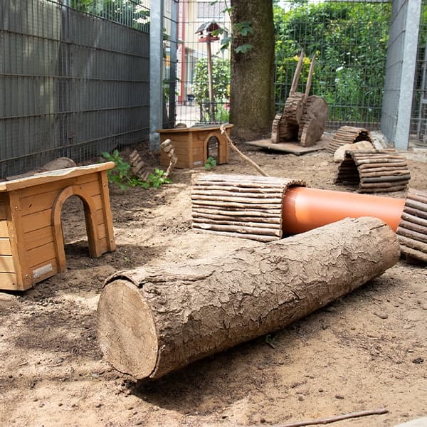 Gehege im Kleintierhaus mit Holzstamm und Häuschen